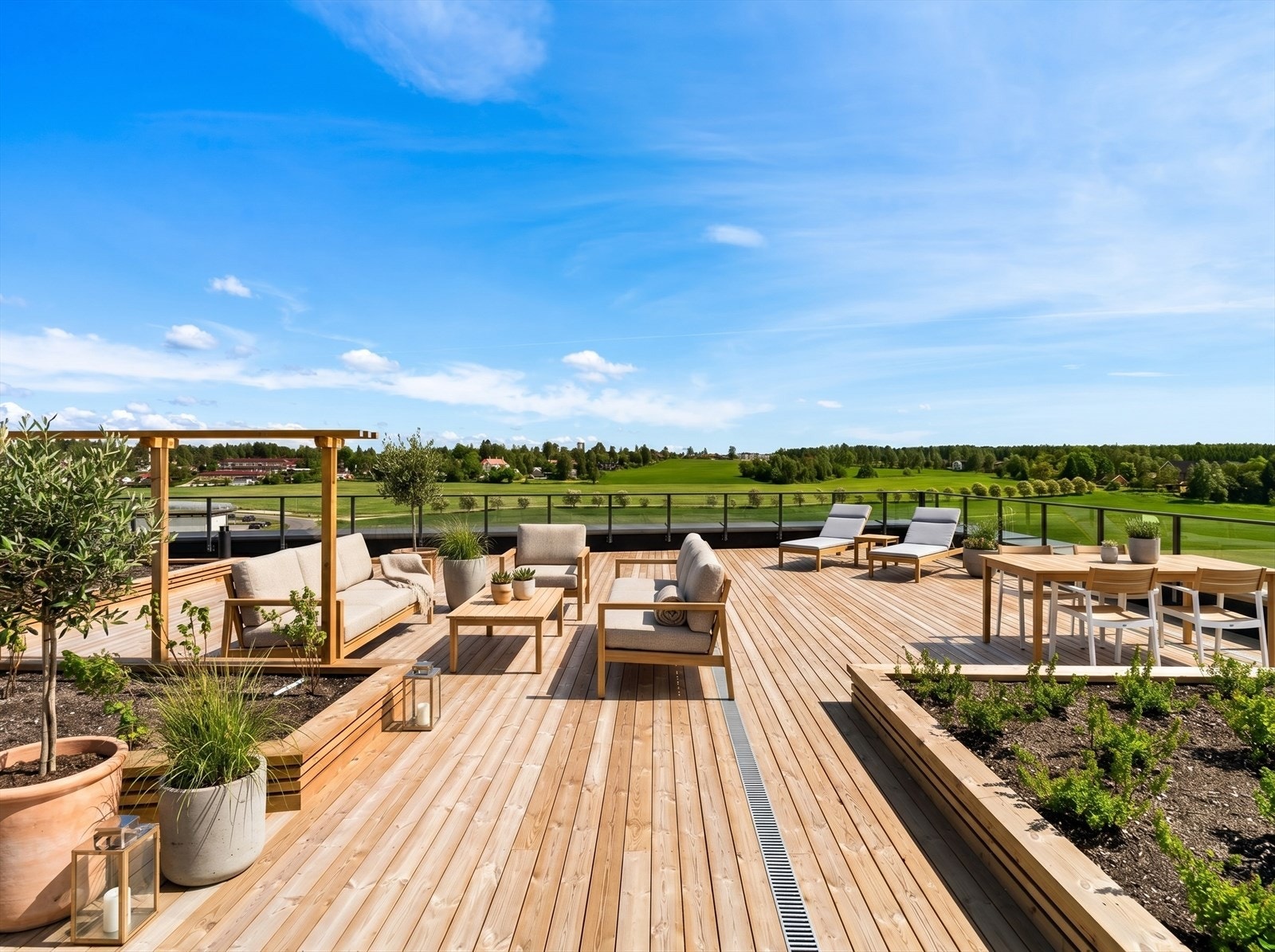 Sameiet har en stor felles takterrasse med flere oppholdssoner, treningsapparater mv. (bildet er digitalt møblert) Galleribilde