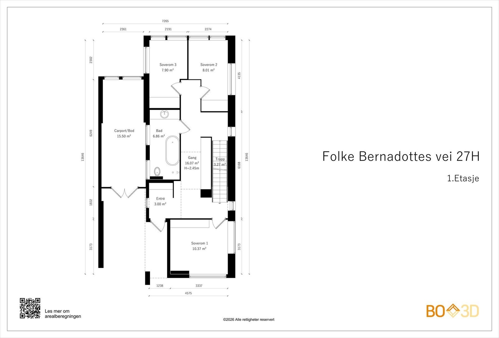Boligens inngangsetasje er 58 kvm og består av entré og gang med garderobe, 3 soverom og familiebad. Det er takhøyde på 2,45 meter. Galleribilde