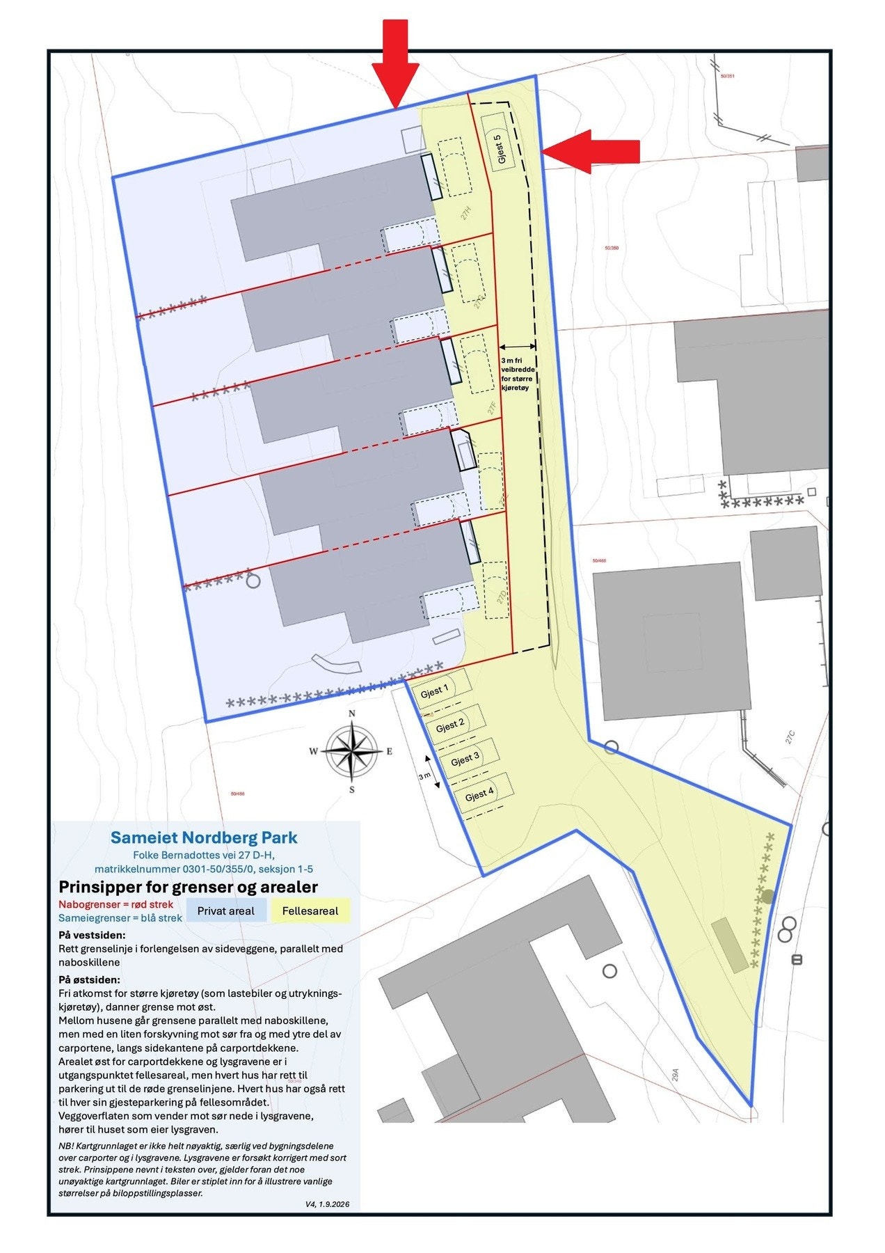 Det foreligger vedtekter med et hagefordelingskart som også viser de 5 gjesteparkeringsplassene på tomten. Samtlige enheter har plass til bil utenfor huset sitt. Galleribilde