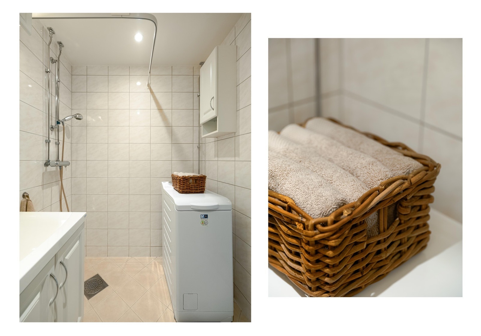 Vegghengt praktisk servantinnredning, speil med overlys. Opplegg for vaskemaskin. Galleribilde