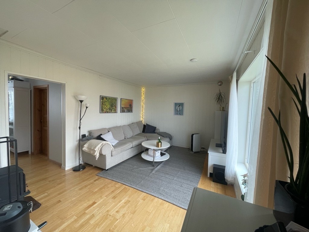 Lys og romslig stue med store vinduer som slipper inn rikelig med naturlig lys. God plass til både sofakrok og underholdning. Galleribilde