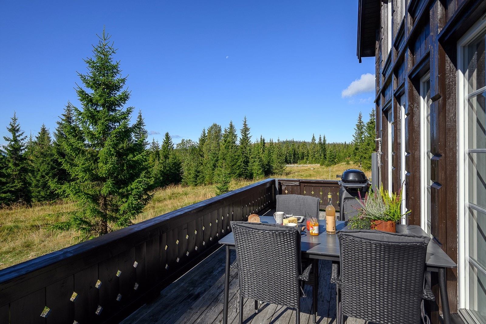 Romslig veranda har god plass til sittegruppe. Fint å slappe av i solveggen etter en dag på tur. Galleribilde