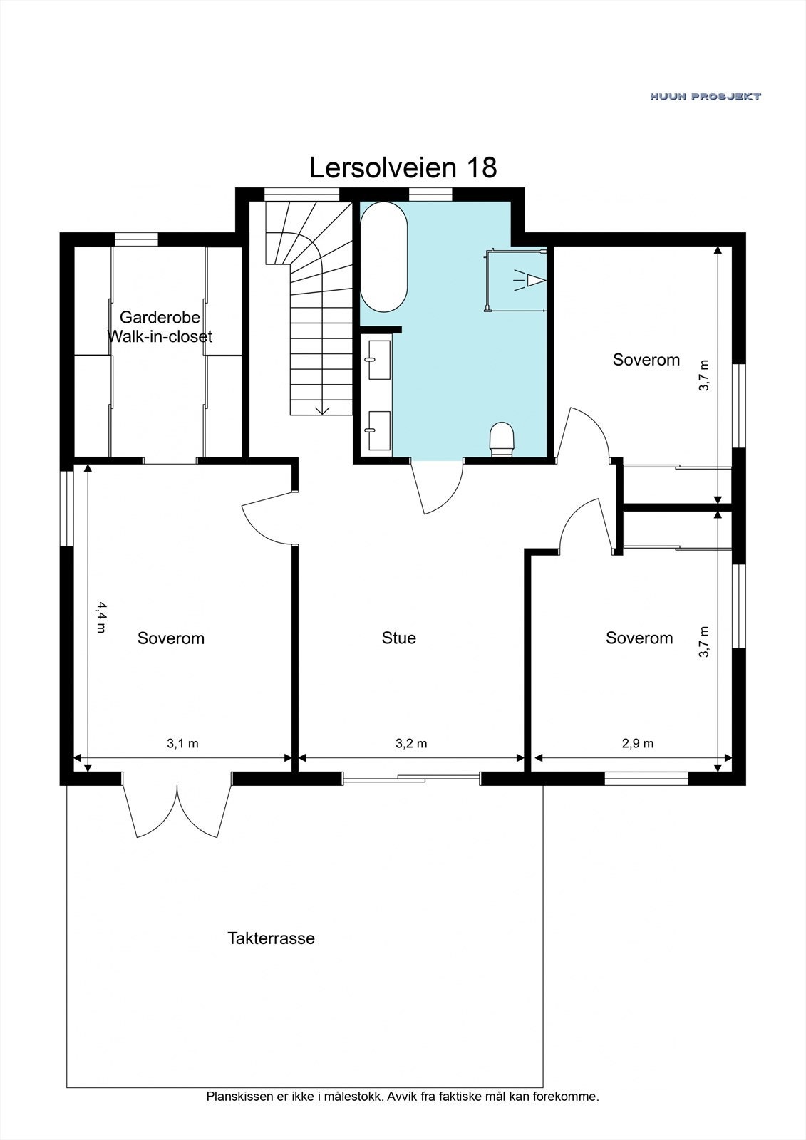 2. etasje (BRA-i: 73 m²): Lys stue, tre soverom, bad og walk-in-closet. Fra både stuen og hovedsoverommet er det utgang til den store og solrike takterrassen. Galleribilde