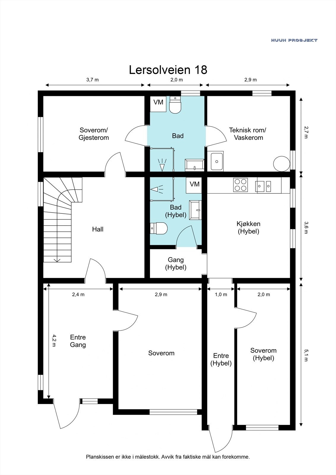 Underetasje (BRA-i: 95 m²): Entré og hall til hoveddelen, to soverom/gjesterom, bad samt teknisk rom/vaskerom. I tillegg godkjent hybeldel med egen entré, kjøkken, bad og soverom. Galleribilde