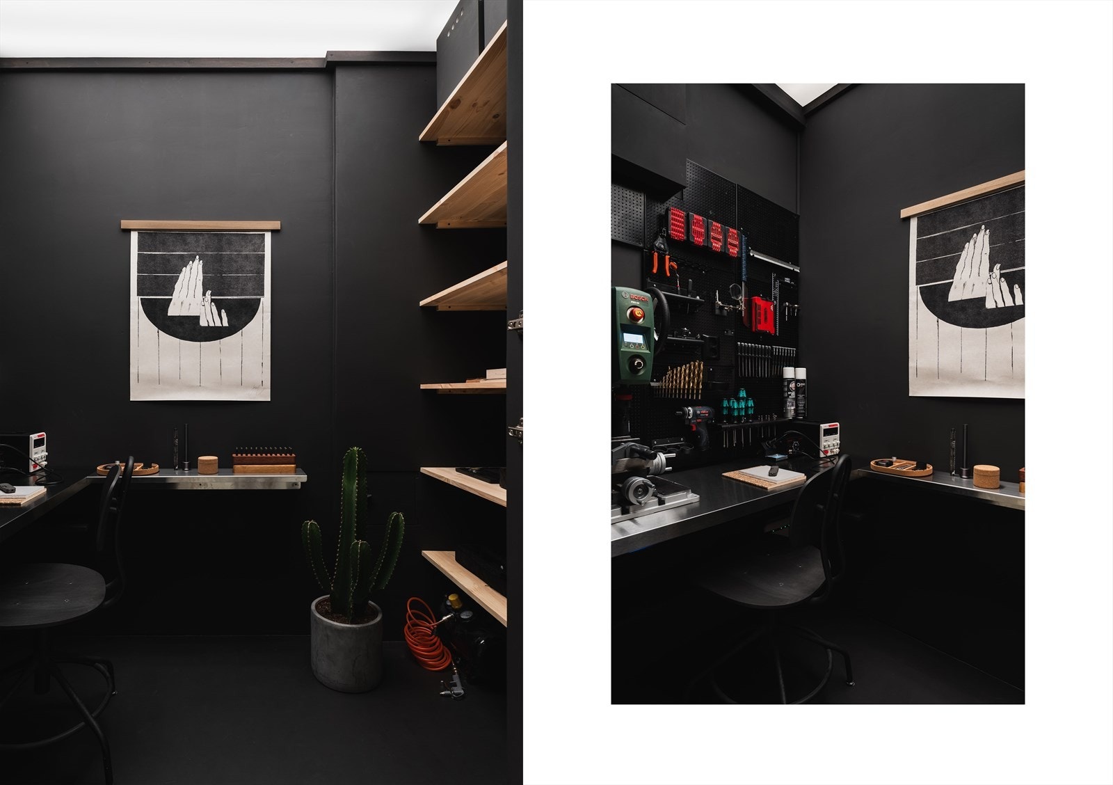 Den interne boden er utformet som et eget miniverksted. Malt i dempet sort. Galleribilde
