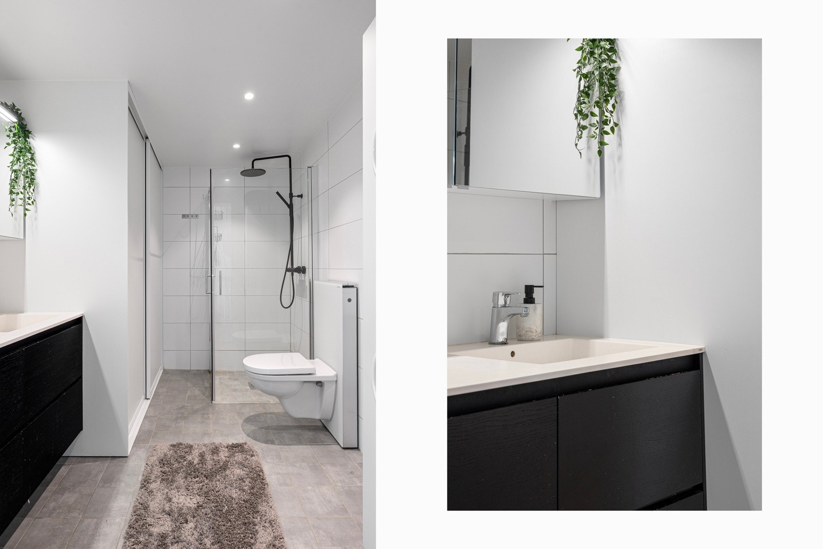 Hoveddelen har to bad, ett i 1. etasje og ett i 2. etasje. Badet i 1. etasje framstår moderne og har skyvedørsgarderobe som skjuler vaskemaskin.