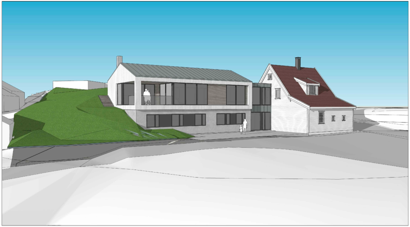 Det foreligger rammetillatelse for tilbygg til eksisterende bolig, noe som åpner for en betydelig videreutvikling av eiendommen. *Illustrasjoner utarbeidet av Ove Grung, Grung Arkitektur* Galleribilde