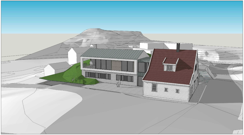 Planene viser hvordan dagens bolig kan videreutvikles til en særegen og innholdsrik familiebolig med langt bedre utnyttelse av eiendommens kvaliteter. *Illustrasjoner utarbeidet av Ove Grung, Grung Arkitektur* Galleribilde