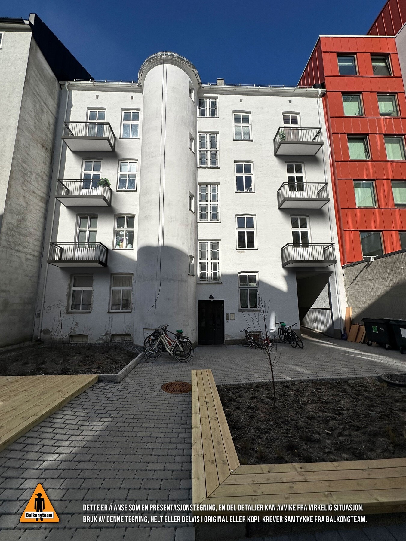 Borettslaget har fått godkjent oppføring av balkonger mot bakgård. Se mer informasjon i salgsoppgaven. Bildet er en illustrasjon av hvordan det kan se ut med balkonger mot bakgården. Galleribilde