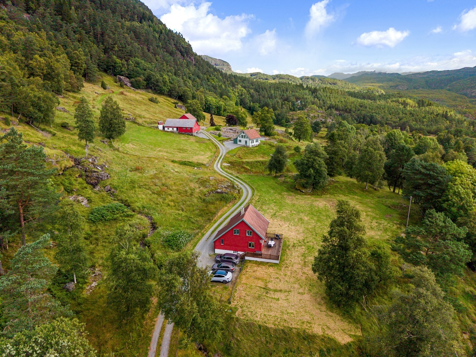 Hele eiendommen sett fra luften, med begge bolighusene og driftsbygningen Galleribilde