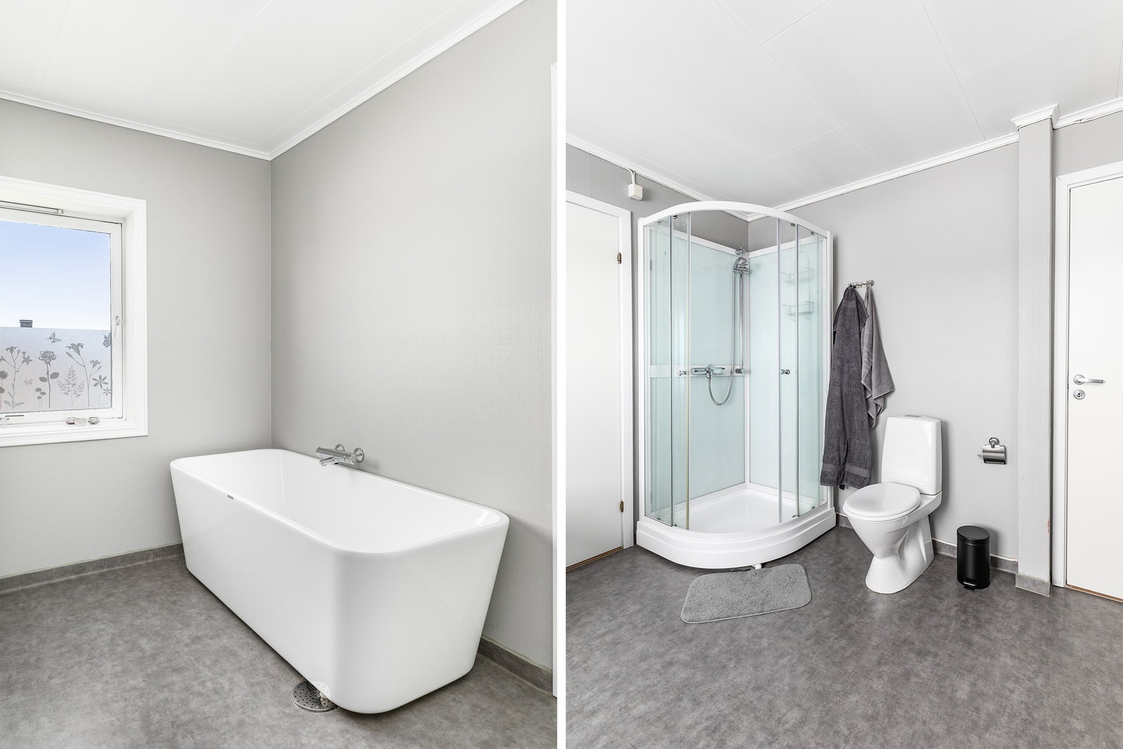Med både dusjkabinett og et moderne badekar byr badet på valgfrihet. Rommet har begrenset ventilasjon, et forhold som isolert er gitt TG 3 og bør utbedres. Galleribilde