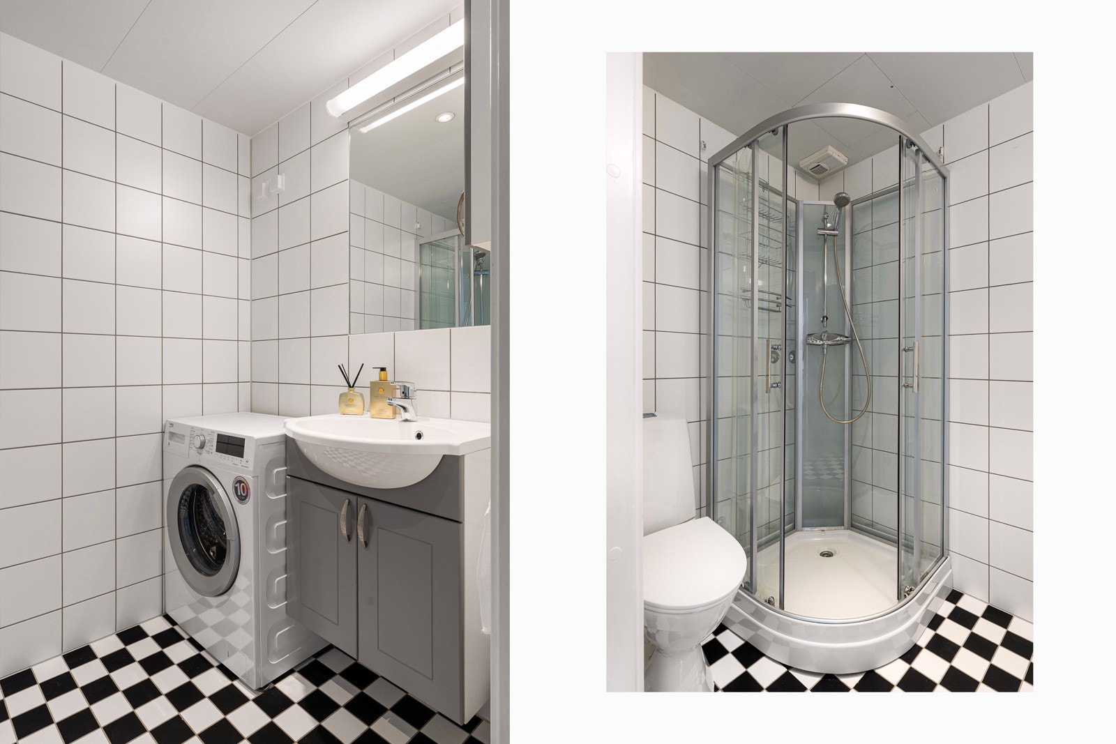 Flislagt og praktisk bad med gulvvarme, dusjkabinett og gulvmontert toalett. Badet har også opplegg for vaskemaskin.