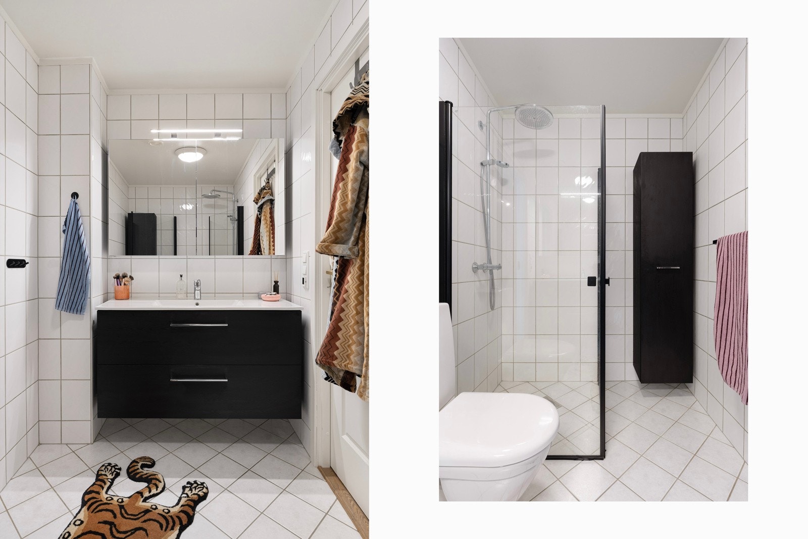 Badet er komplett flislagt med varme i gulv. Innredet med dusjkabinett, toalett og servant med oppbevaringsplass under.