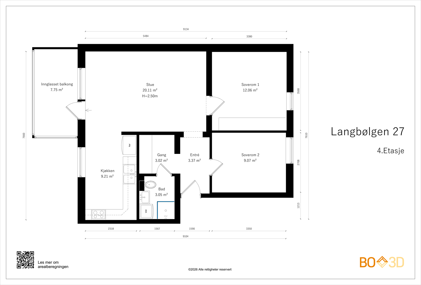 Planskisse. Andelen har i tillegg eksklusiv bruksrett til en bod på 5 m² i kjeller og en bod med målbart areal på ca. 2 m² under skråtak på loft (gulvareal ca. 6 m²). Galleribilde