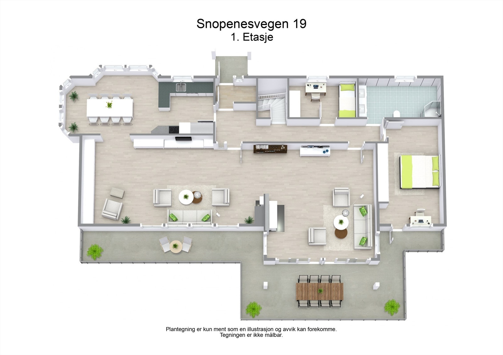 Første etasje har en sosial planløsning med stue og kjøkken, to soverom og bad. Galleribilde
