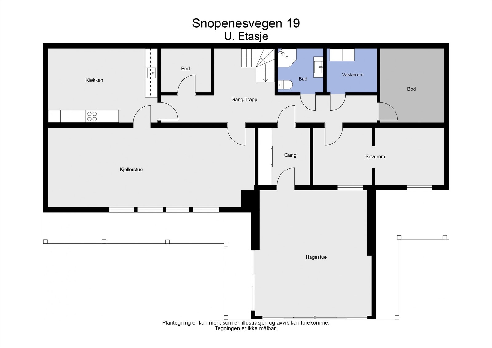 Planløsningen for underetasjen viser en praktisk rominndeling. Galleribilde
