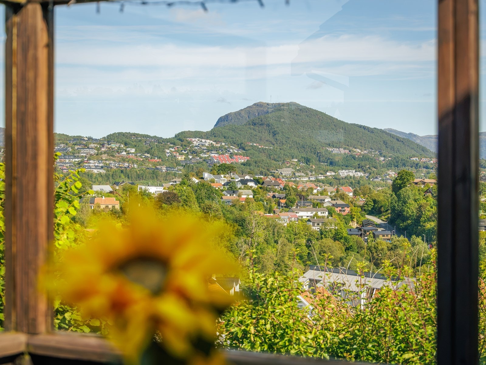 Utsikt fra terrasse og innover Bergensdalen med byfjellene i bakgrunnen. Galleribilde