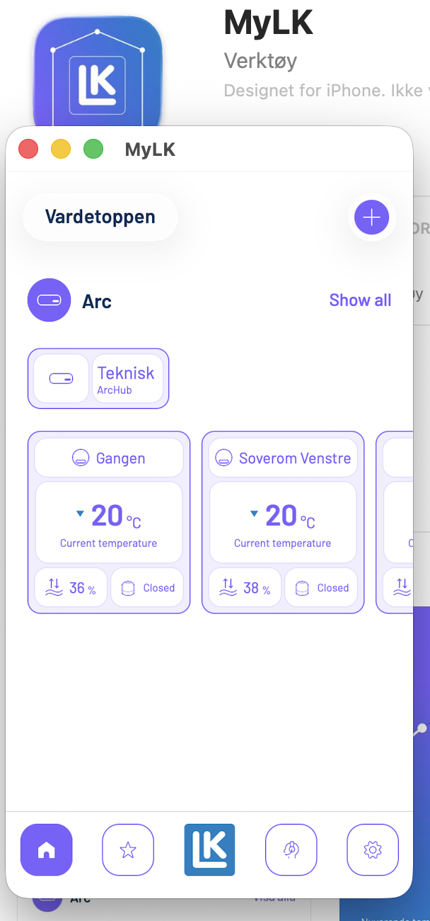 Hytten har App-styring av gulvvarmen i de aller fleste rom via MyLK-appen fra LK Systems. Hovedtilførsel av vannet inn i hytten kan også fjernstyres via MyLK-appen. Galleribilde