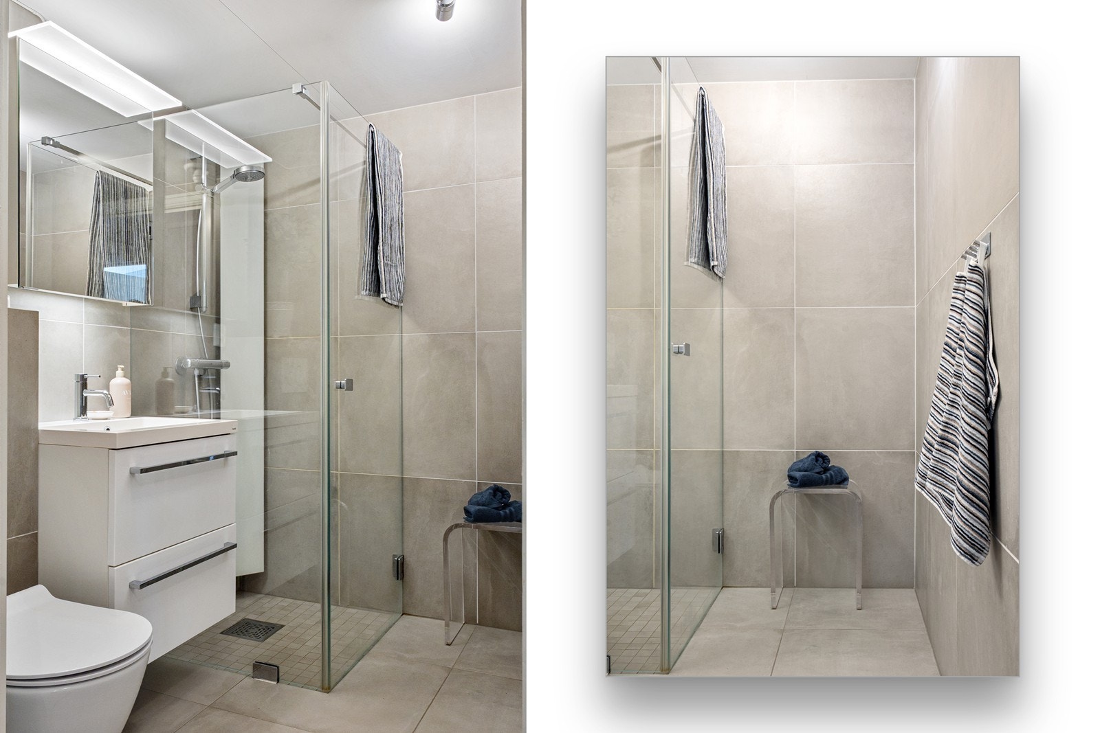 Badet ble oppgradert i 2017 med tidløse, store fliser og gulvvarme. Innredet med toalett, servantskap og dusjhjørne. Galleribilde