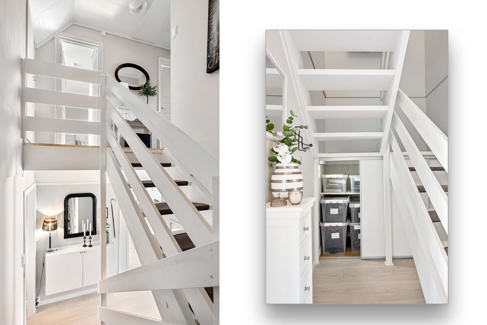 Hvitmalt trapp binder etasjene elegant sammen. Under trappen er det lagringsplass med smart skyvedørløsning etablert i 2020. Galleribilde