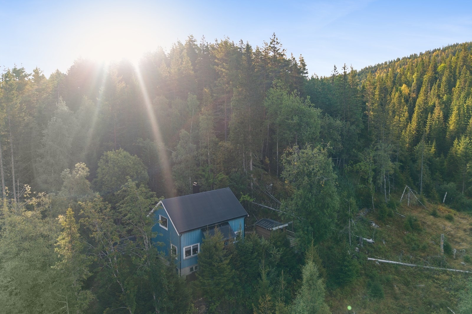 Her bor du med skogen som nærmeste nabo, og med litt skogning foran hytta får gode solforhold og fin utsikt over nærområdet Galleribilde