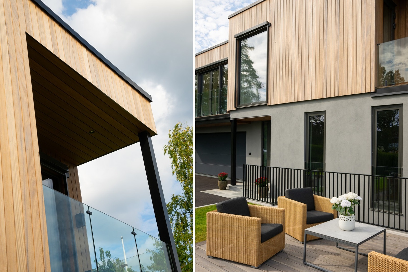 Kombinasjonen av grå murpuss og naturlig Sapelli-tre gir fasaden et tidløst uttrykk med en tydelig moderne karakter. Galleribilde