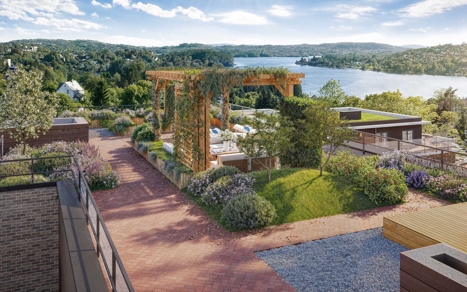 Grønne fellesområder med hyggelige uteplasser og soner for opphold, deriblant felles takterrasse.
(illustrasjonsbilde og avvik kan forekomme) Galleribilde