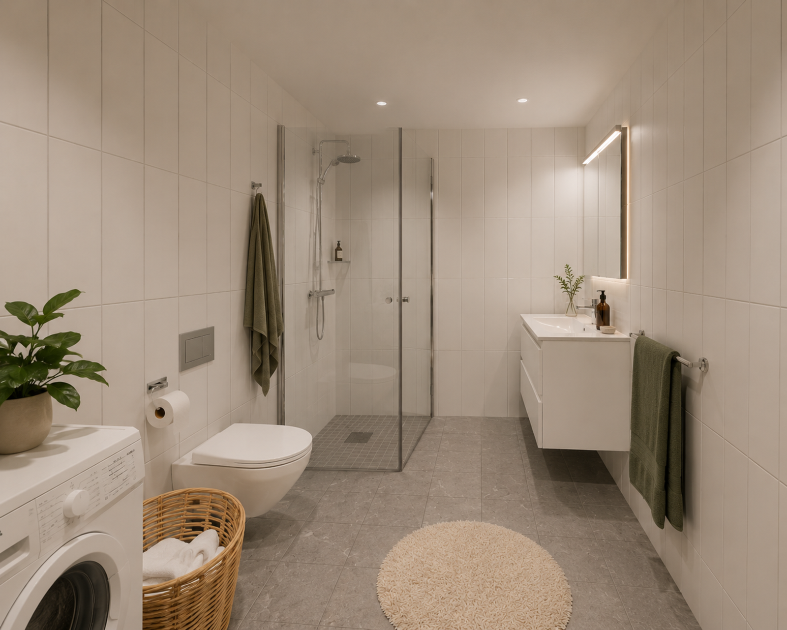 Moderne bad med tidløse materialvalg og opplegg for vaskemaskin.
(illustrasjonsbilde og avvik kan forekomme) Galleribilde