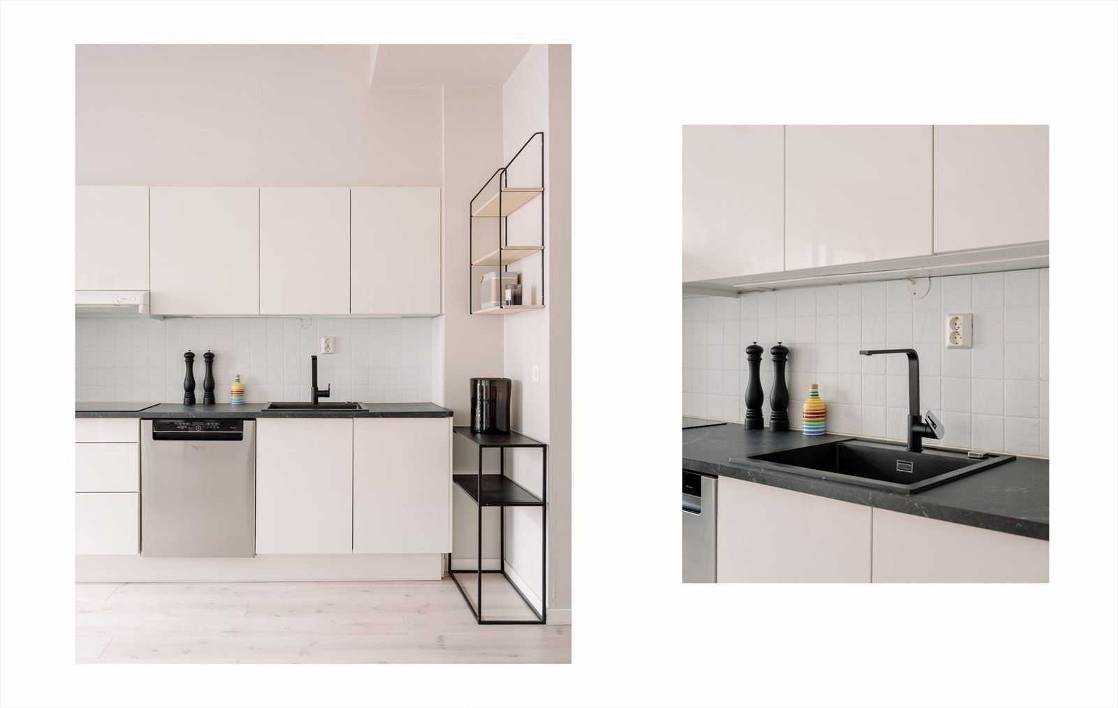 Det er integrert induksjonsplatetopp, stekeovn, mikro, oppvaskmaskin med stålfront samt frittstående kjøle-/fryseskap. Galleribilde