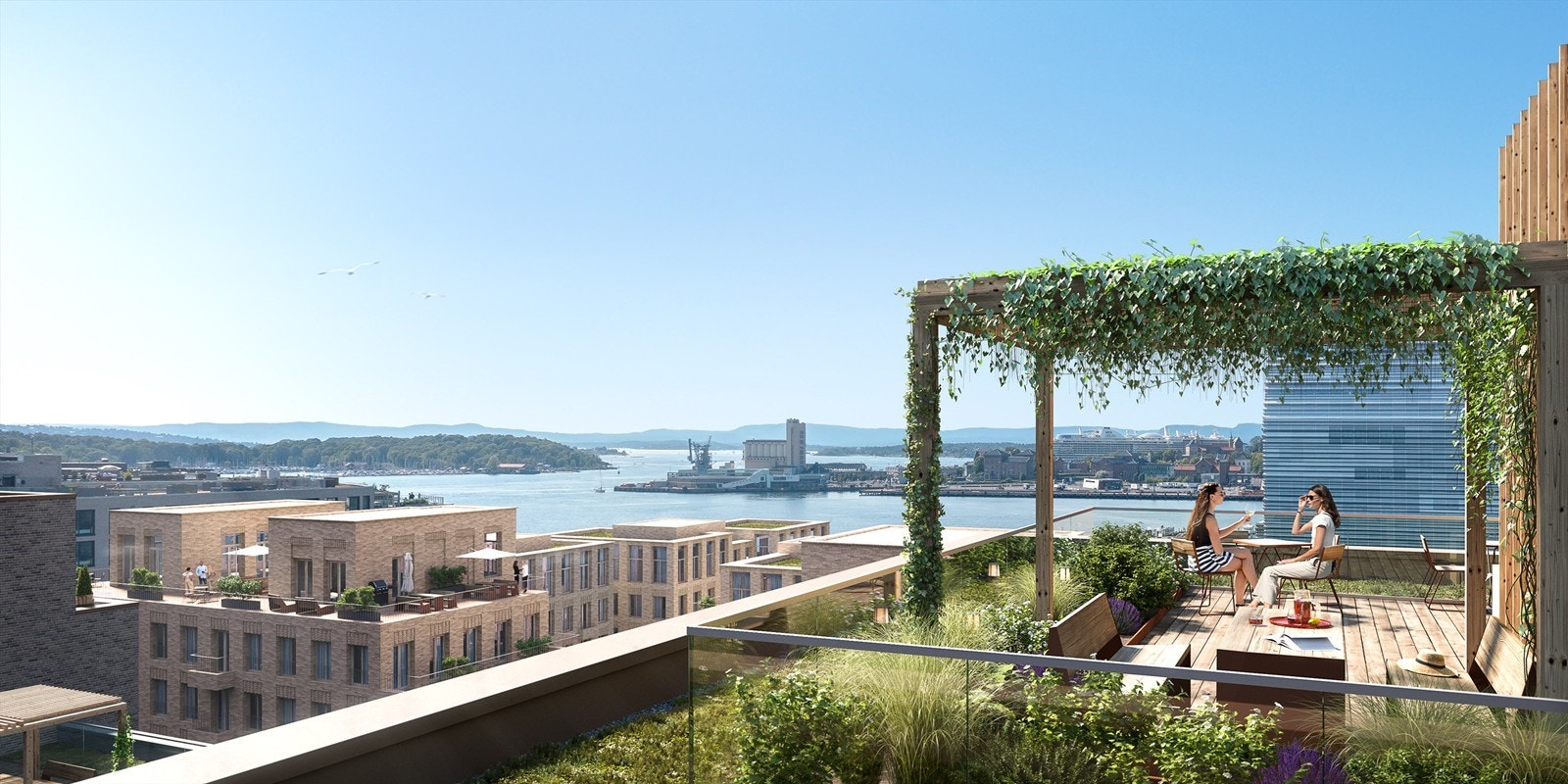 Illustrasjon | Med tilgang til flere felles takterrasser kan man nyte sol og fjordutsikt gjennom hele dagen. Avvik kan forekomme. Galleribilde