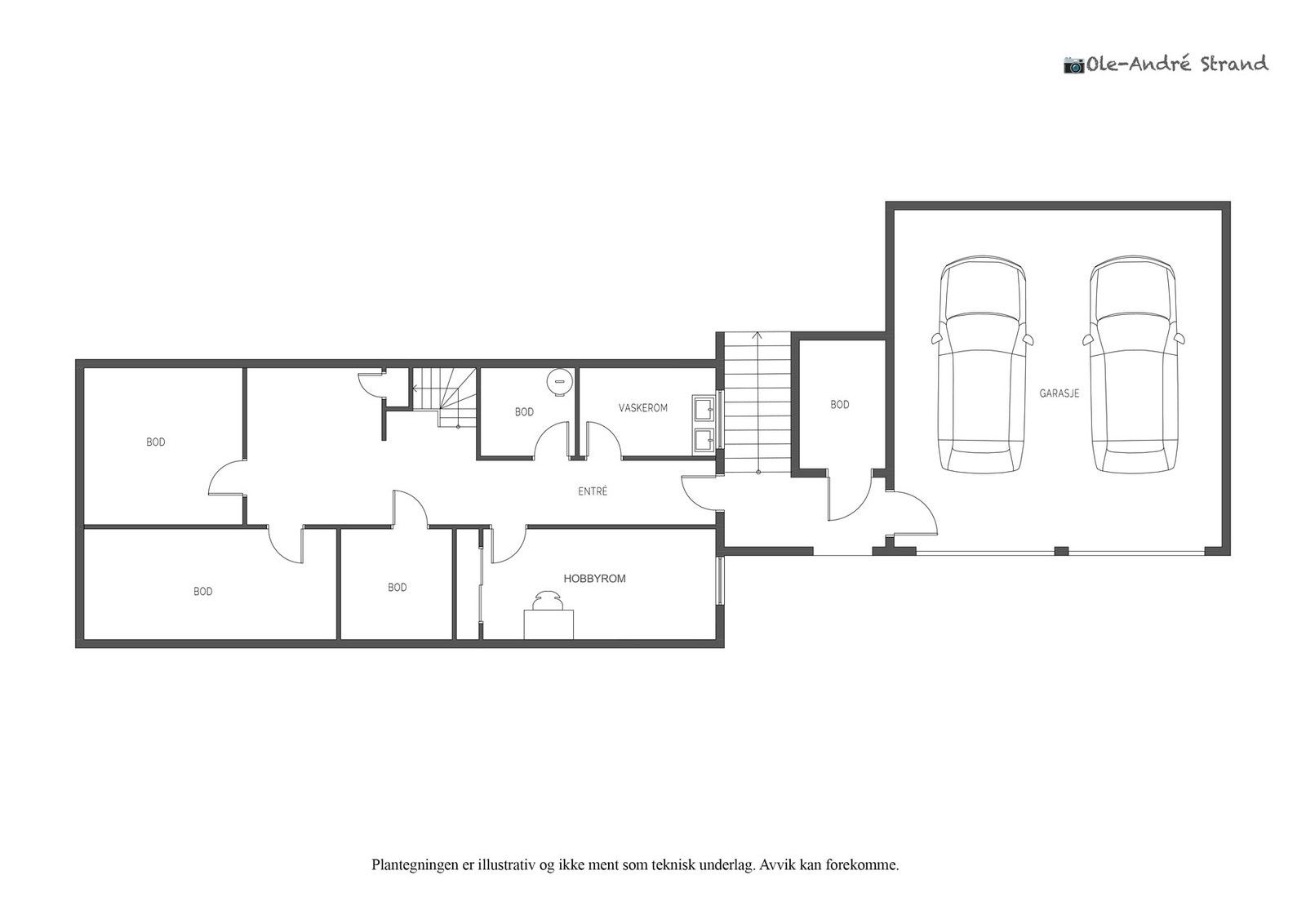 Underetasje | Entré/gang/trapperom (25,3 m²), vaskekjeller (6,5 m²), hobbyrom (13,6 m²), bod (12,2 m²), bod 2 (12,1 m²), bod 3 (5,9 m²), bod 4 (4,5 m²) Galleribilde