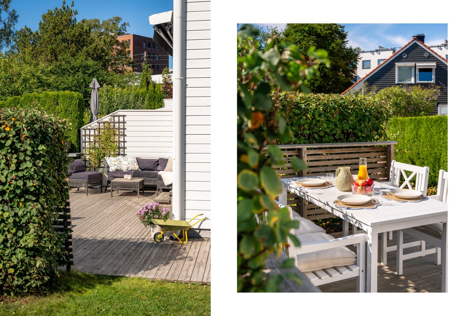 Omkranset av velholdte hekker og frodig beplantning fremstår uteplassen som privat, lun og svært innbydende. Galleribilde