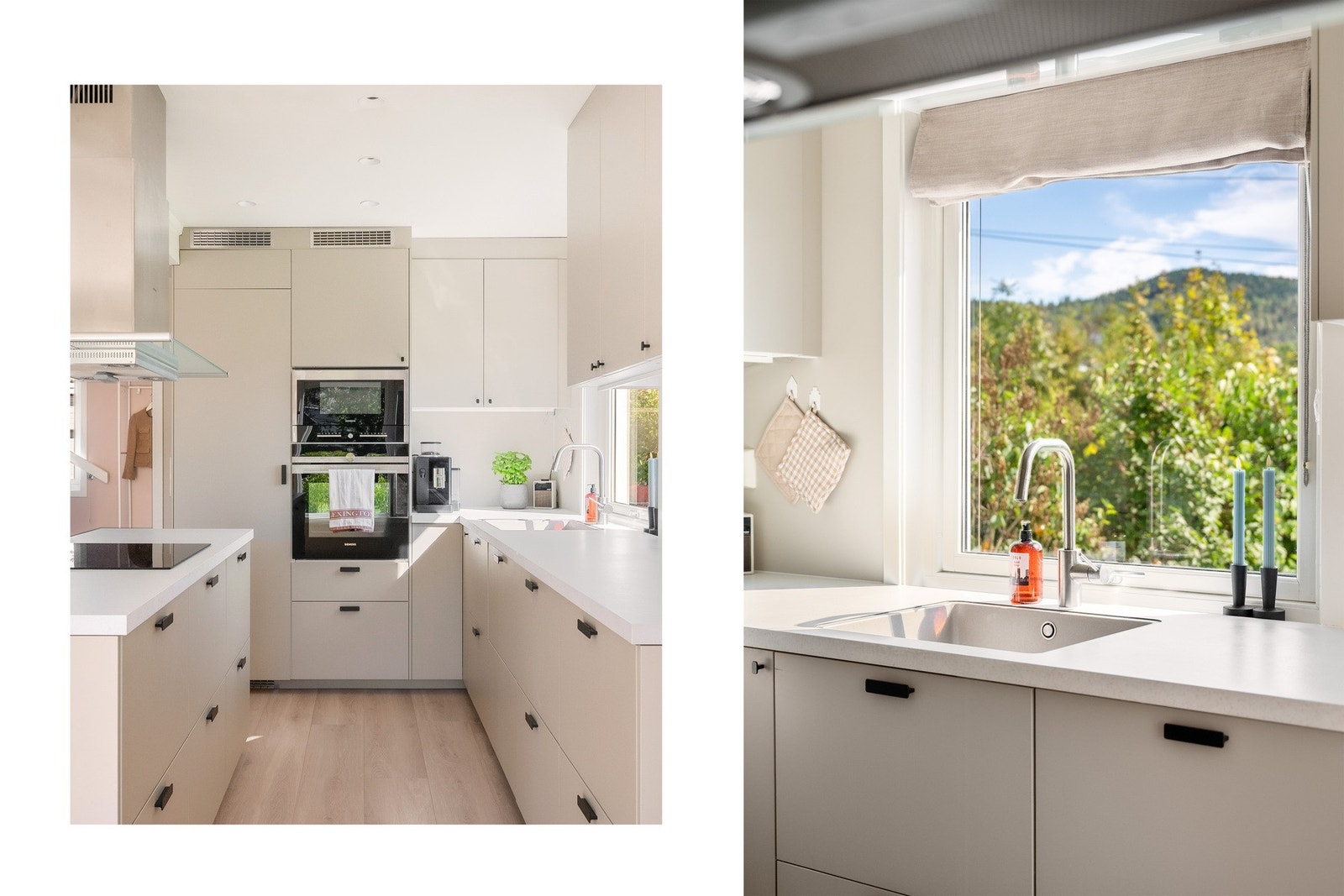 Innredningen har glatte fronter i en lys beige tone kombinert med benkeplate av laminat. Galleribilde