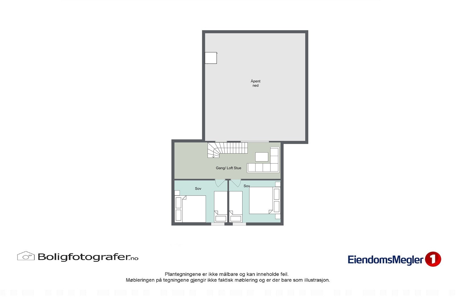 Loftsetasjen er innredet med en egen stue, to soverom og lagringsplass i kott. Galleribilde