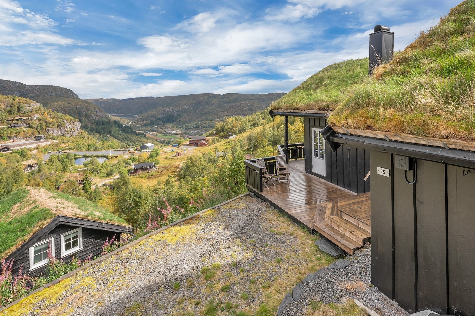 Utsikt fra eiendommen mot dalen, omkringliggende hytter og skisenteret. Galleribilde