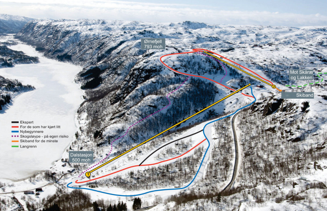 Løypekartet for Ljosland skisenter viser tydelig hvor gunstig hytta ligger - med direkte ski inn/ut til både alpinbakken og løypenettet. Her starter alpinturen bokstavelig talt på dørstokken. Galleribilde