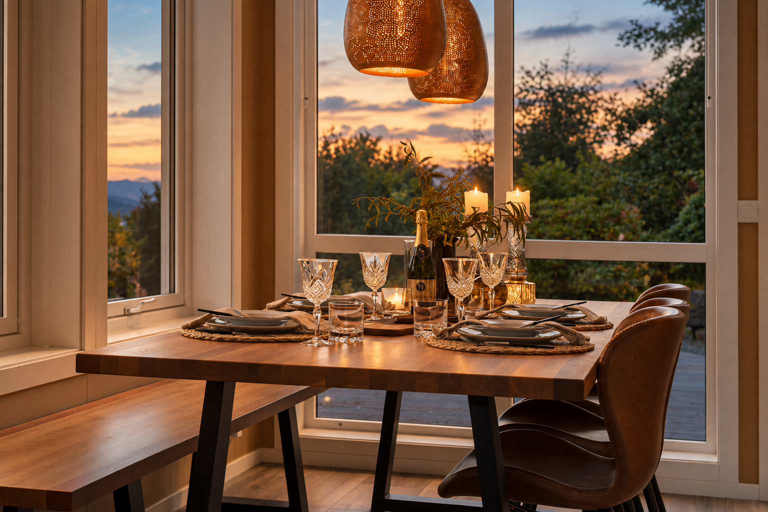 Spisestova har god plass til langbord med utsyn mot fjorden samt dei grøne omgivnadene. Galleribilde