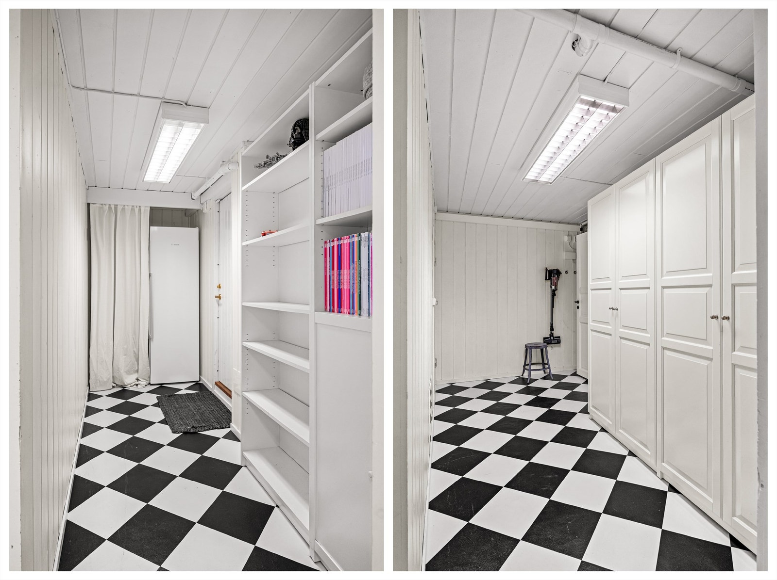 Innvendig gang/bod med egen utgangsdør og rikelig lagringsplass. Galleribilde
