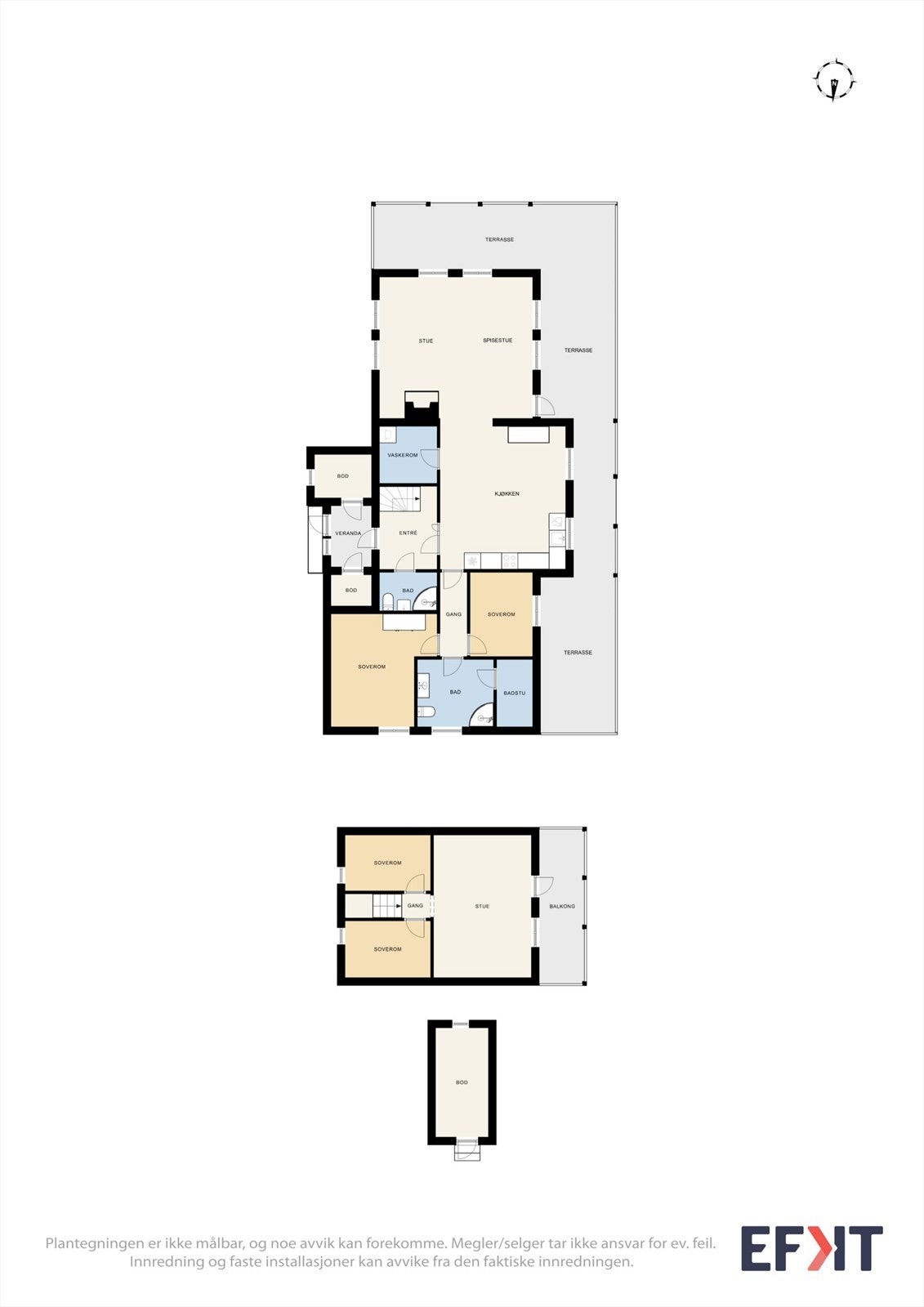 Hytta går over to plan og har en arealeffektiv planløsning med fire soverom og to stuer. Galleribilde