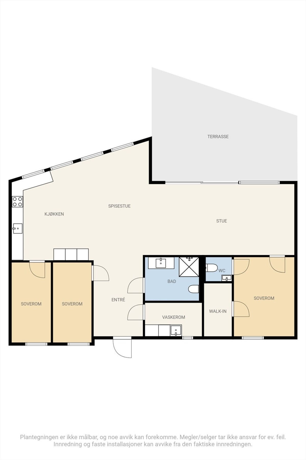 Alt på ett plan - en svært praktisk planløsning med tre soverom, walk-in closet, bad, separat toalett, vaskerom og en stor, sammenhengende oppholdssone. Galleribilde