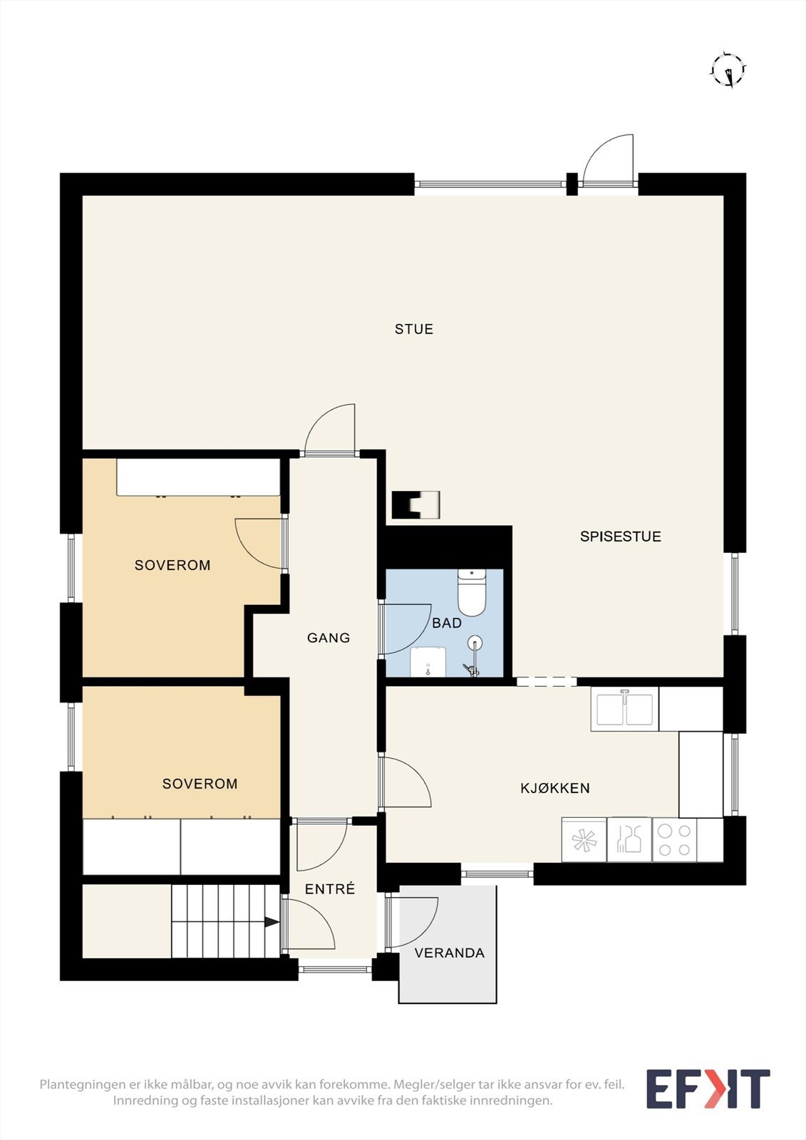 Første etasje har en praktisk planløsning med stue/spisestue, kjøkken, bad og to soverom. Galleribilde