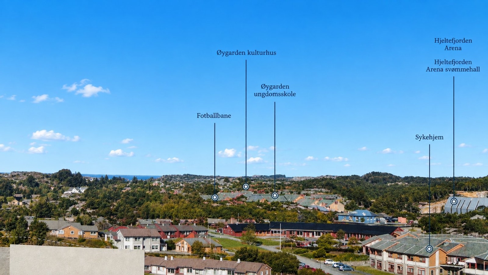 Bensinstasjon, legesenter, Hjeltefjorden arena, Rong stadion, kulturhus, øygarden skytterlag, øygarden ungdomskole, barnehage, marina og gjestehavn, busstopp og Hjeltefjorden fjordpark Galleribilde