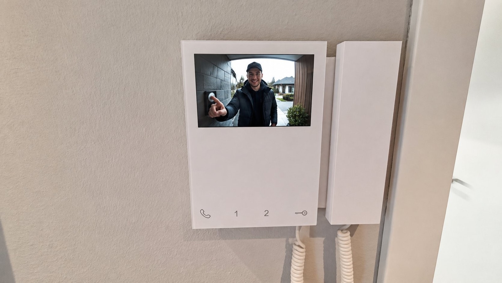Dørklokke med kamera og 2 veis kommunikasjon. På skjermen ser du hvem som ringer på og slipper dem enkelt inn med ett tastetrykk. Galleribilde