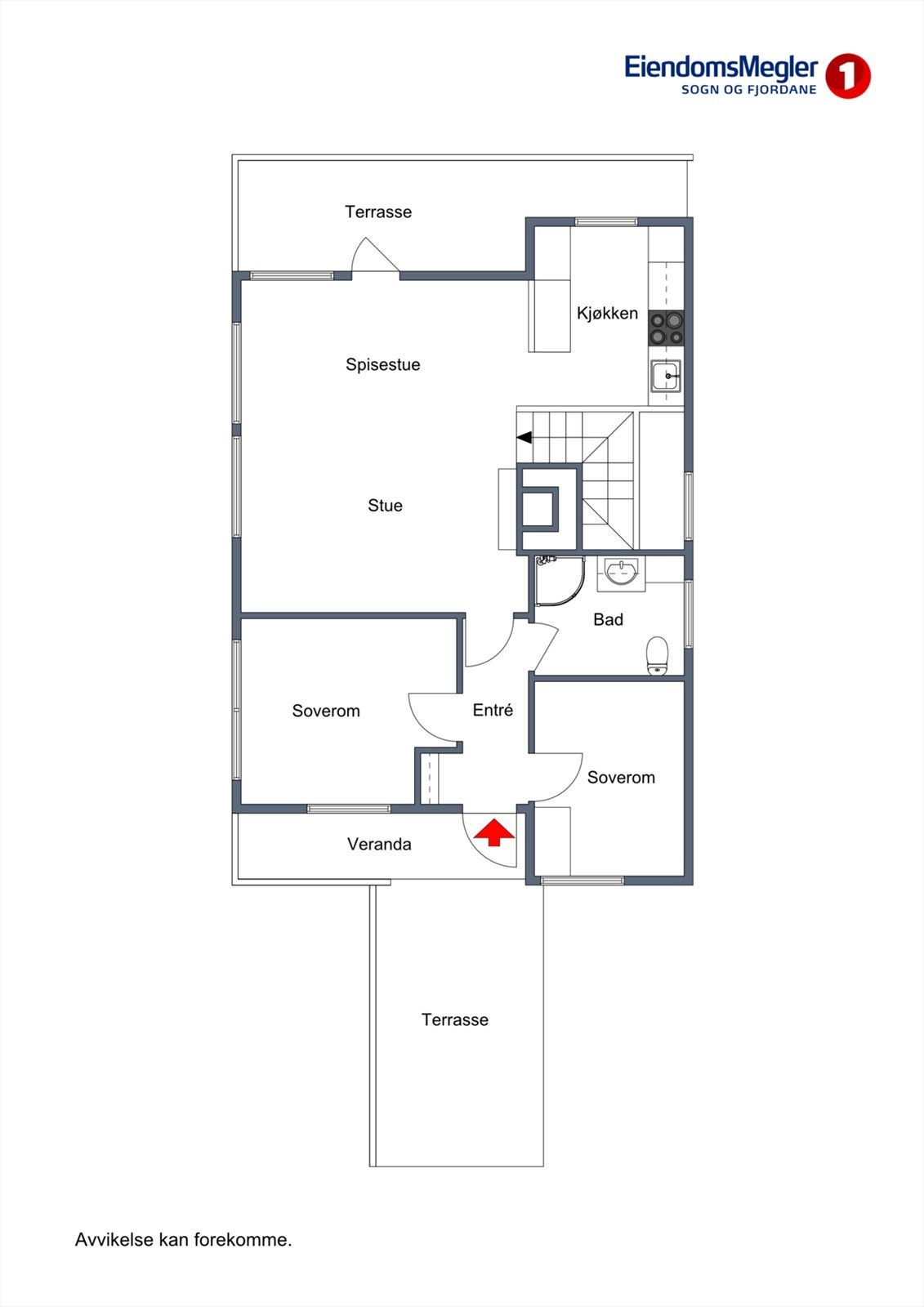 1. etasje har entré med tilkomst til to soverom, bad og open stove- og kjøkkenløysing med utgang til veranda. Galleribilde