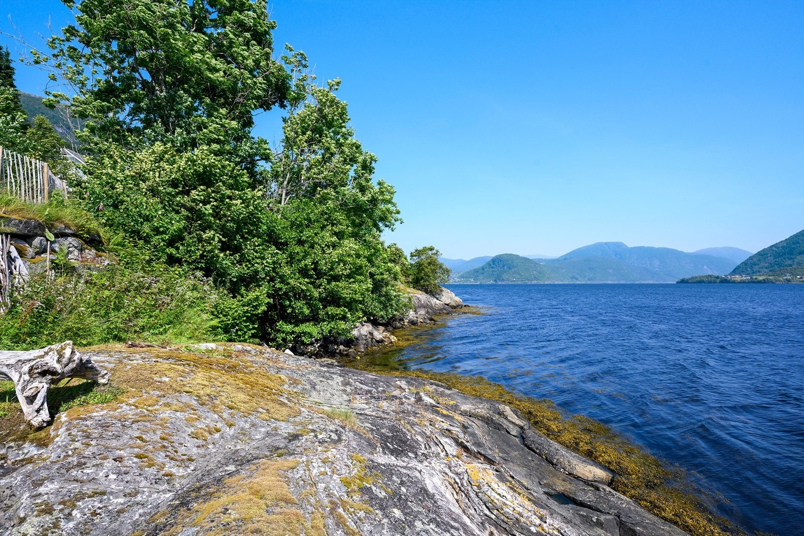 Svaberg og strandlinje rett nedanfor eigedomen. Galleribilde