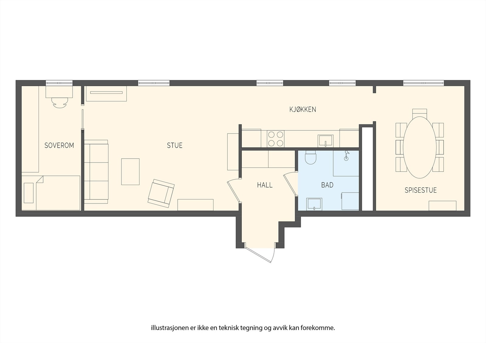 Leiligheten på 61 m² har en arealeffektiv planløsning med to soverom og adkomst med heis. Galleribilde