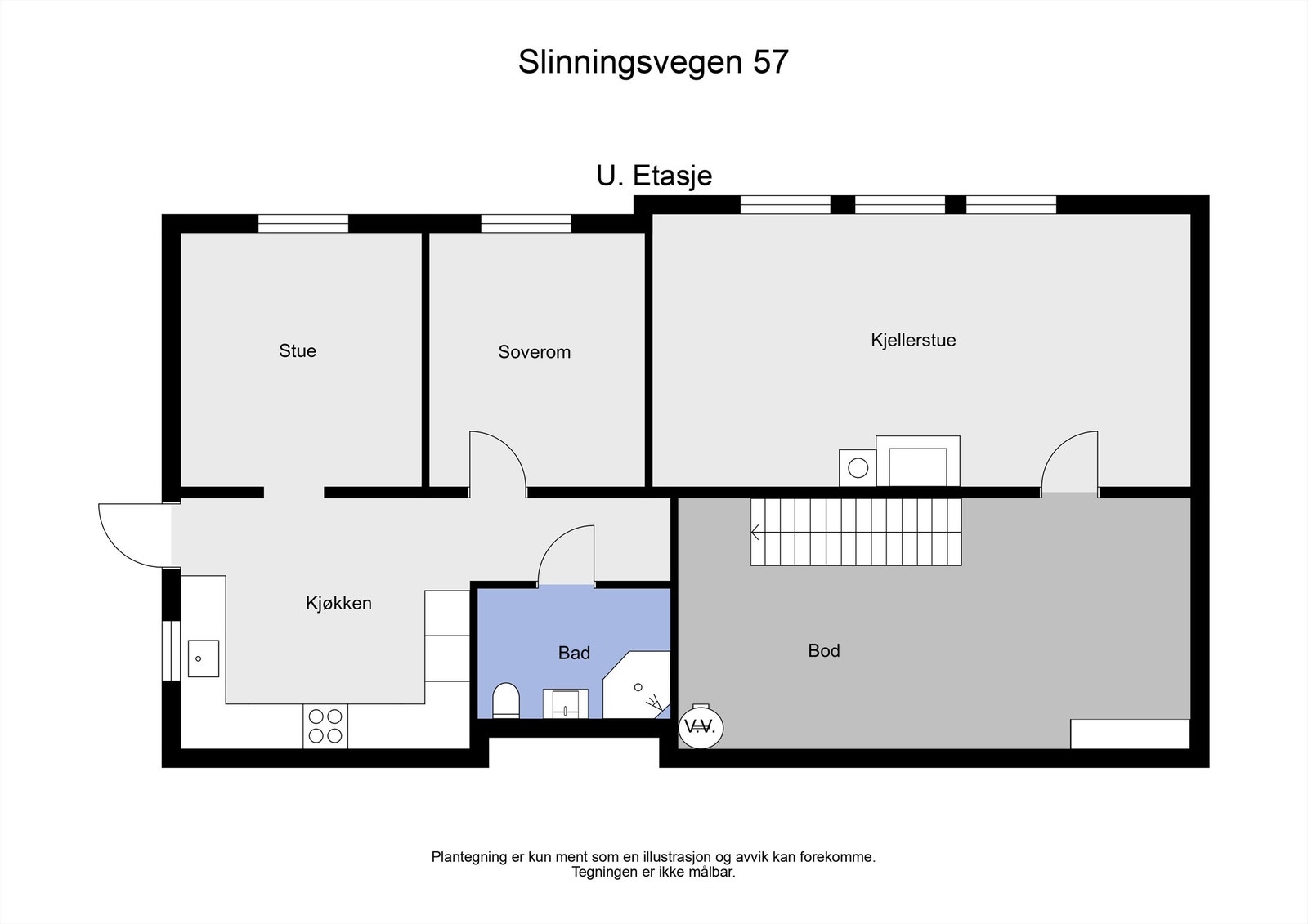 Underetasjen er innredet med kjellerstue, bod og en del som i dag benyttes som en separat enhet. Denne bruksendringen er søknadspliktig, men ikke godkjent. Galleribilde