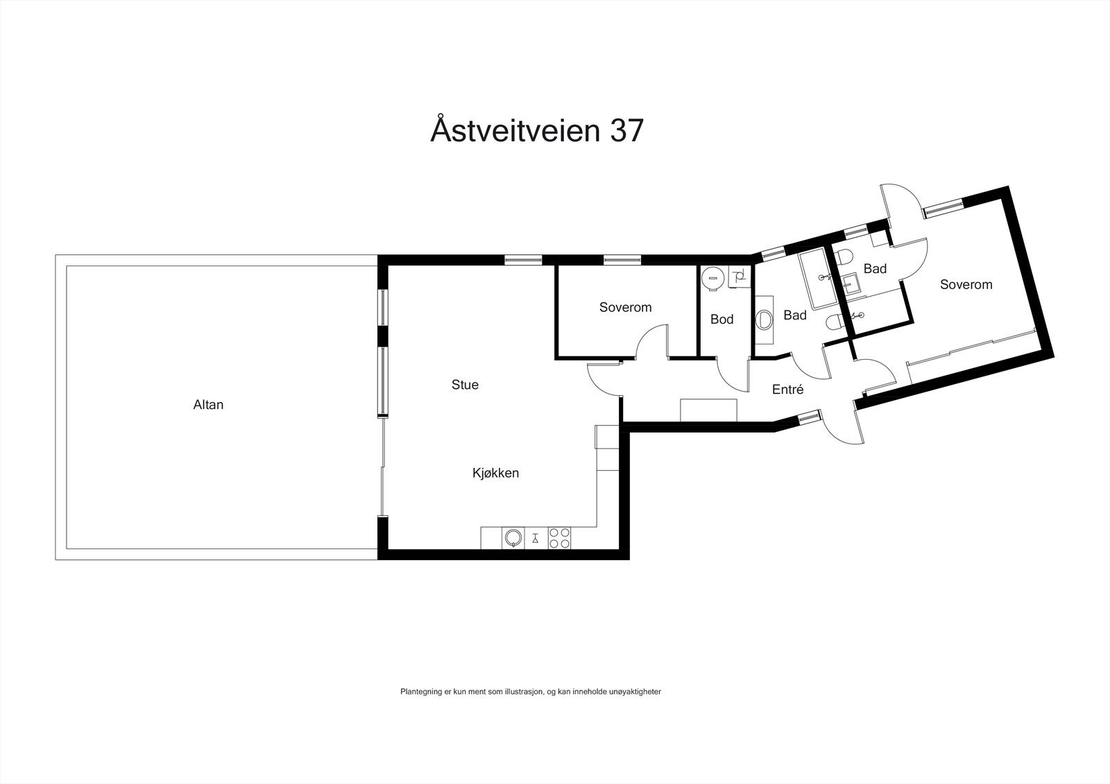 Gjennomtenkt planløsning med to soverom, to bad, vaskerom og åpen stue- og kjøkkenløsning. Galleribilde