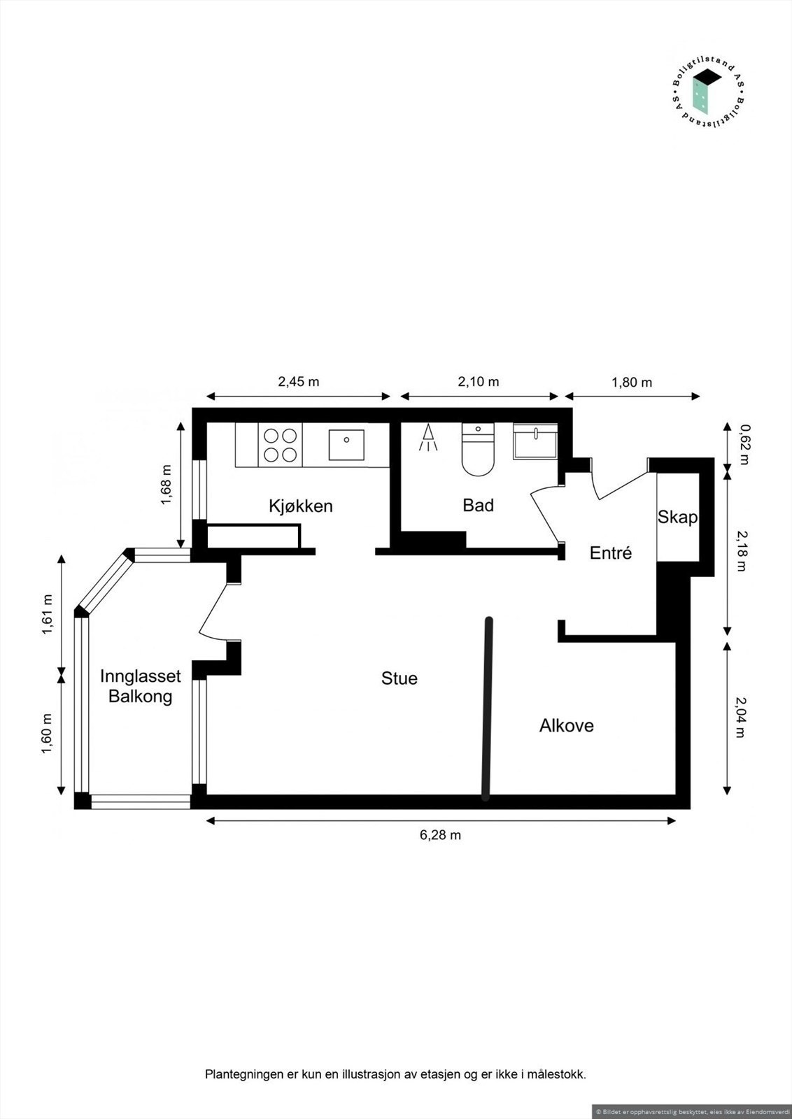 Plantegning. I tillegg disponerer leiligheten to eksterne boder (loftsbod og kjellerbod). Galleribilde