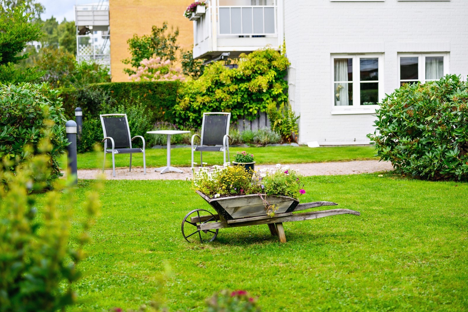 Hagen er pent og parkmessig opparbeidet med gressplen, variert beplantning, prydbusker, blomster og frukttrær Galleribilde
